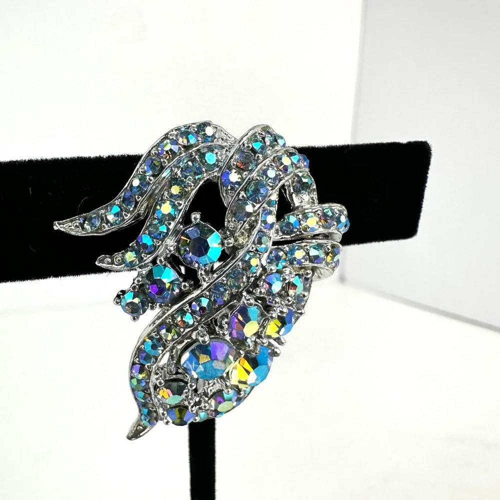 Vintage Silver Tone Aurora Borealis Rhinestone Swirl Leaf Statement Brooch Pin